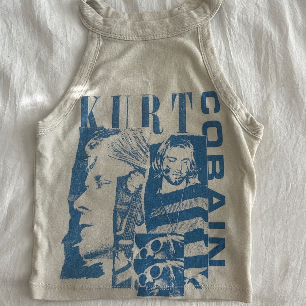 American Eagle Outfitters Cream and Blue Graphic Tank Top